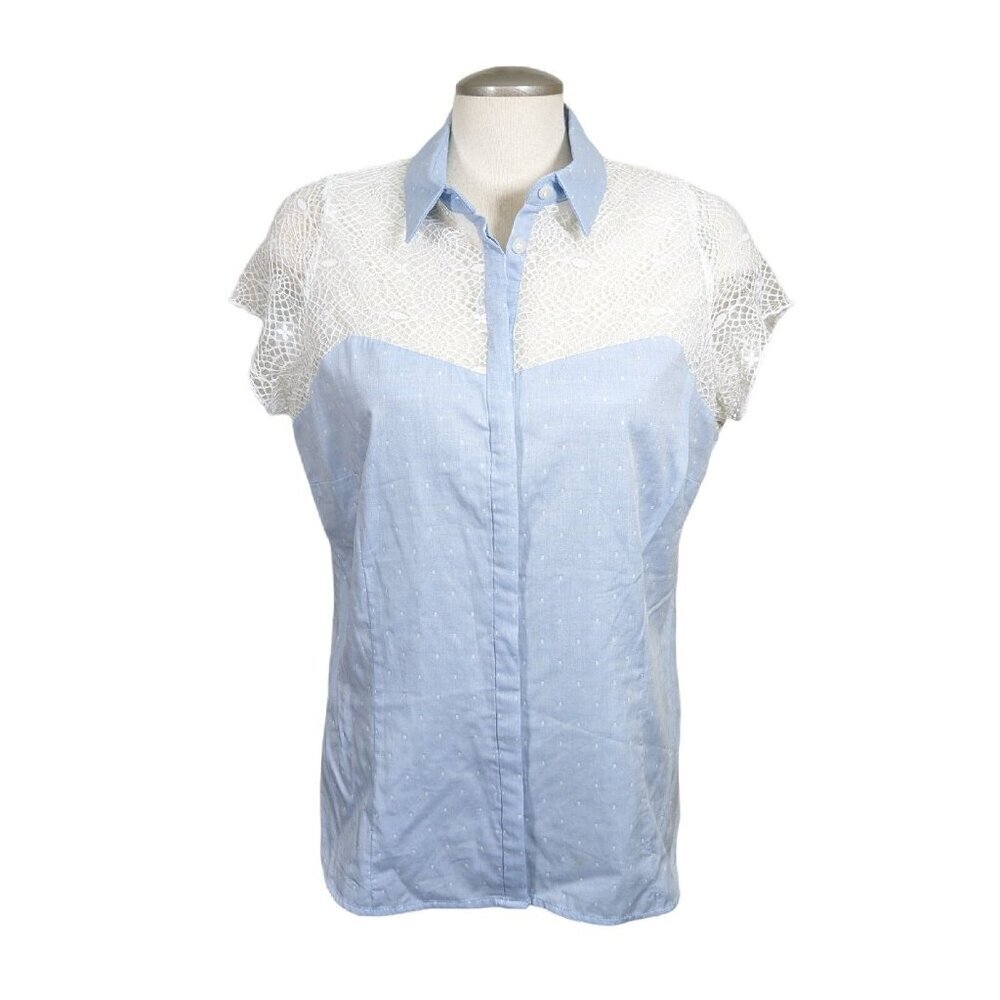 Peter Nygard Womens Button Up Top Blouse Med Lace Shoulder Chambray Blue Cotton